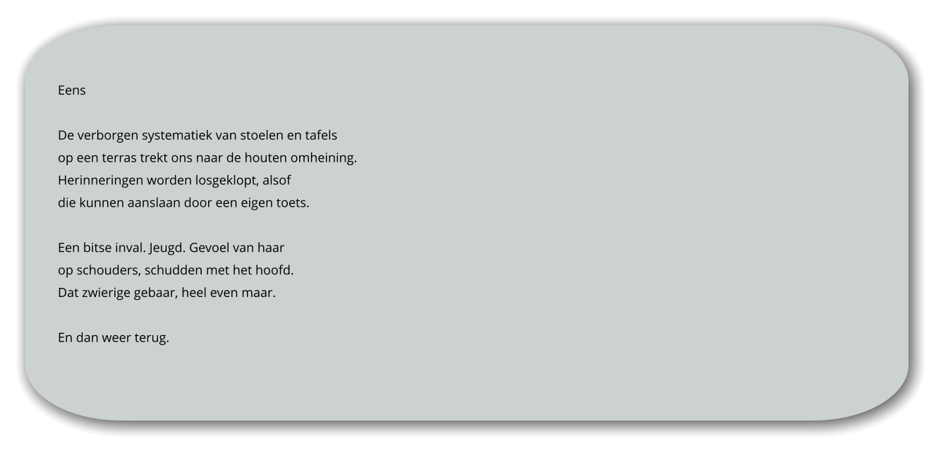 Eens  De verborgen systematiek van stoelen en tafels  op een terras trekt ons naar de houten omheining.  Herinneringen worden losgeklopt, alsof  die kunnen aanslaan door een eigen toets.   Een bitse inval. Jeugd. Gevoel van haar  op schouders, schudden met het hoofd. Dat zwierige gebaar, heel even maar.  En dan weer terug.